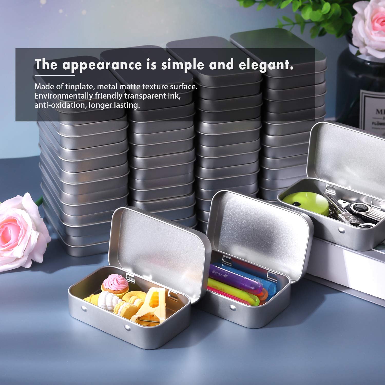 Metal Rectangular Empty Hinged Tins - Pack of 40 Silver Mini Portable Box Small Storage Kit & Home Organizer with lids craft containers 3-1/2''X2-1/2''X4/5''