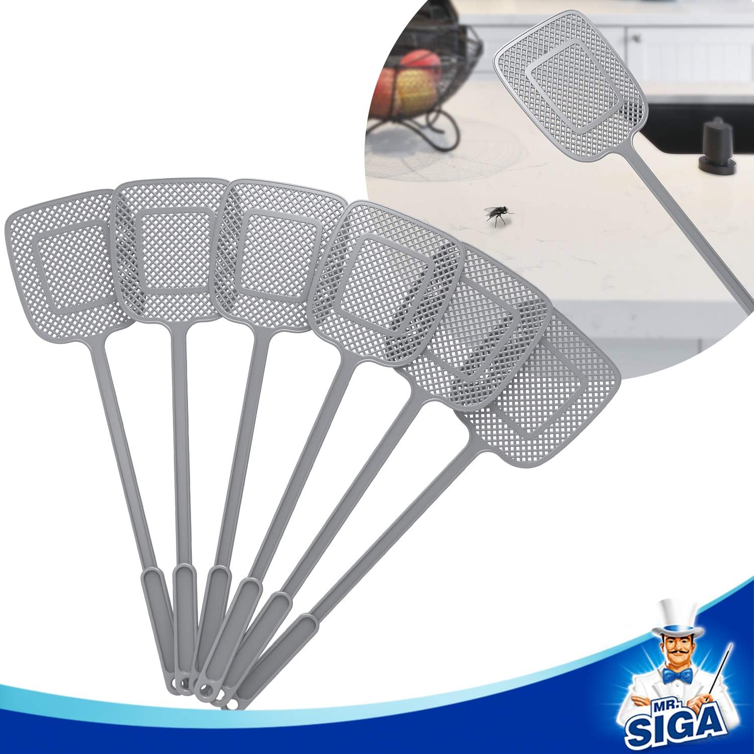 MR.SIGA Heavy Duty Long Handle Fly Swatter, Gray, 6 Pack: Home & Kitchen