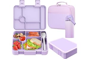 Bevalsa Bento Box for School Kids with Insulated Water Bottle Set - 43oz Lunch Containers Lunchbox Bento Box, 14oz Termos Kids Water Bottle, Lunch Bag for School Girls Kid Student (Gradient Purple)