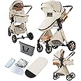 2 in 1 Baby Stroller with Bassinet, Convertible Pram, Reversible Standard Baby Stroller, Portable Baby Buggy, Infant Carriage, Foldable High Landscape Pushchair for Toddler Newborn (2USV9-WHITE)