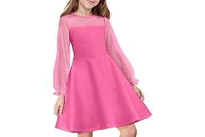 Flypigs Girl's Dress Sheer Mesh Puff Long Sleeve High Waist Party Dresses with Pockets for 6-13 Years