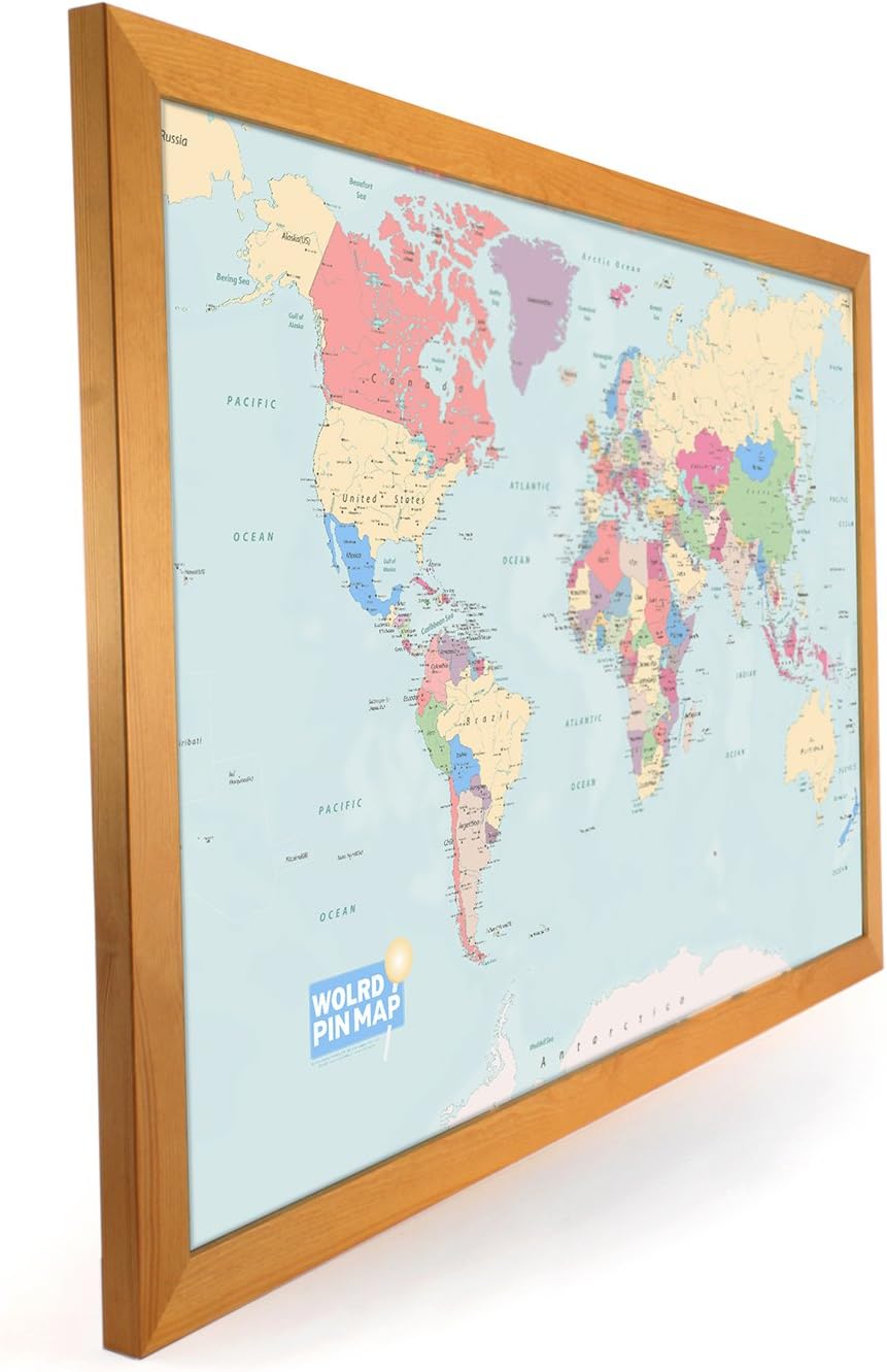 Butler and Hill Laminated World Map Map Pinboard, Framed in Light Wood