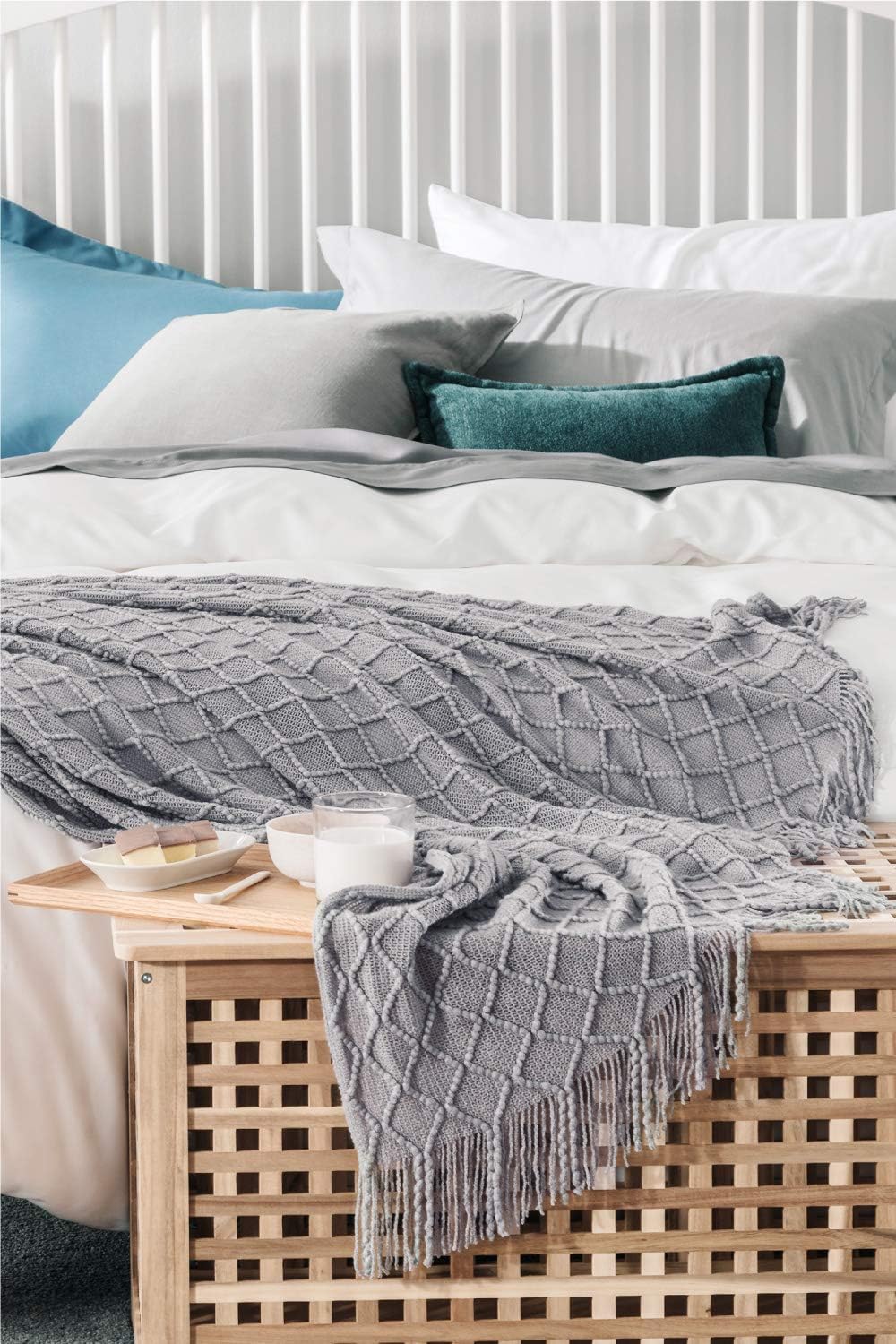 Bedsure Throw Blanket for Couch, Knit Woven Blanket, 50×60 Inch - Cozy Lightweight Decorative Blanket with Tassels for Couch, Bed, Sofa, Travel - All Seasons Suitable for Women, Men and Kids (Grey): Kitchen & Dining