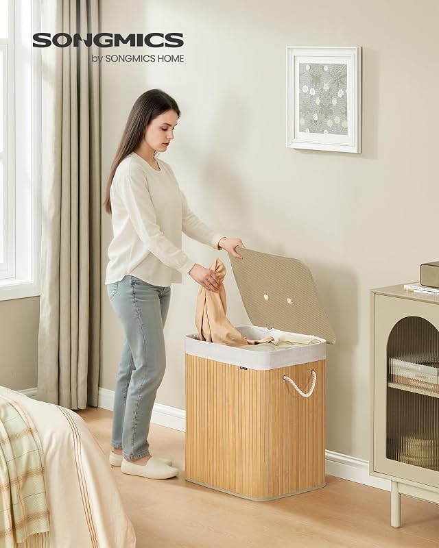 Cesto de la Ropa Sucia con Tapa, 2 compartimentos, 120 L, Cesta de Lavandería de Bambú, Plegable, con Bolsa Lavable Extraíble, Asas, para Lavandería, Dormitorio, Natural LCB014Y01