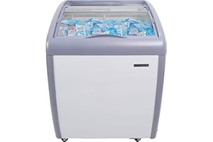 Frigidaire Commercial Chest Freezer for Ice Cream and Frozen Foods, Store Displayer, Glass Top Storage Case, 4 Cu. Ft. Bin, Rolling Caster Wheels, Adjustable Temperature, Energy Efficient Cooling