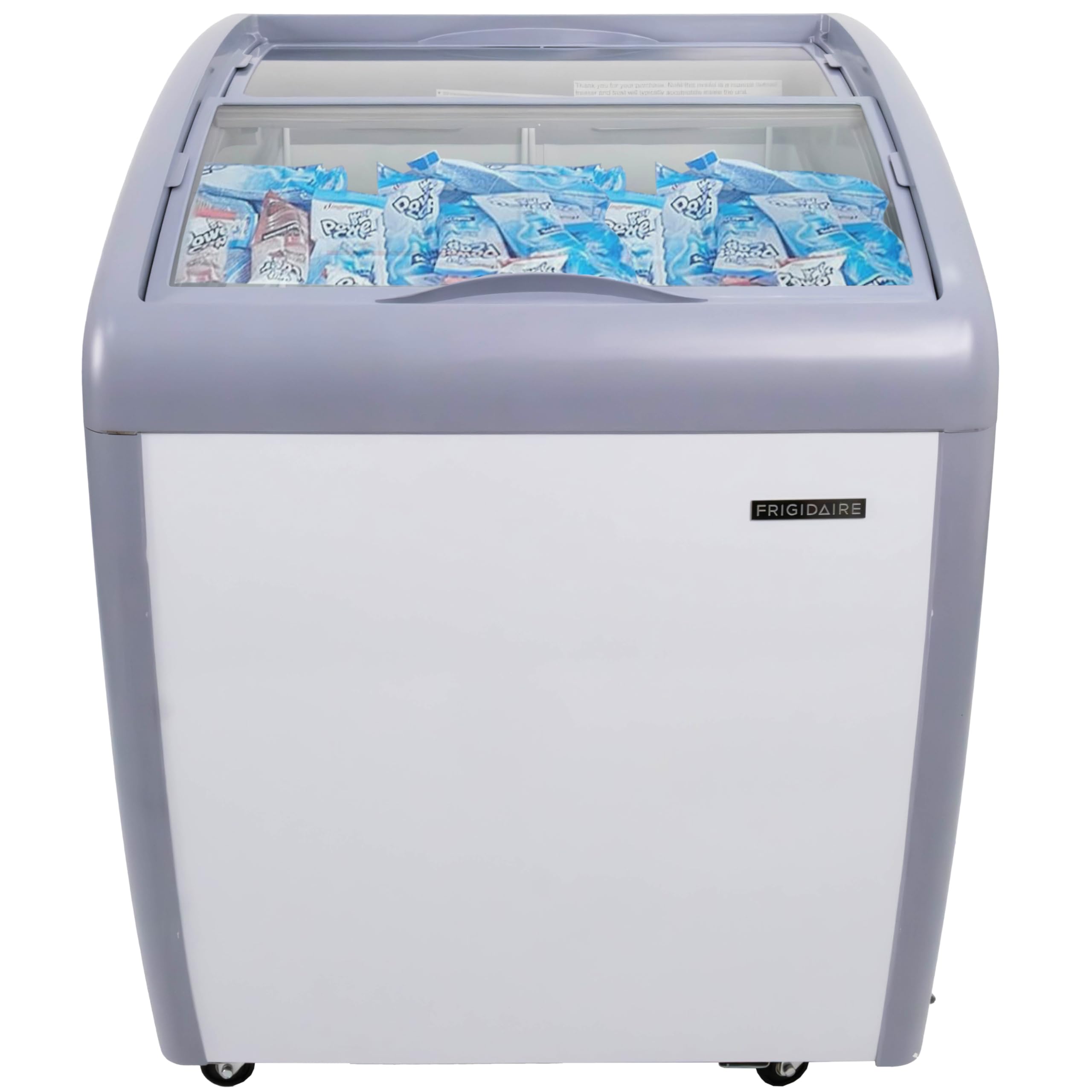Photo 1 of (3/21/2026 ***FINAL SALE/NO RETURN, SOLD AS PARTS***) Frigidaire Commercial Chest Freezer for Ice Cream and Frozen Foods, Store Displayer, Glass Top Storage Case, 4 Cu. Ft. Bin, Rolling Caster Wheels, Adjustable Temperature, Energy Efficient Cooling