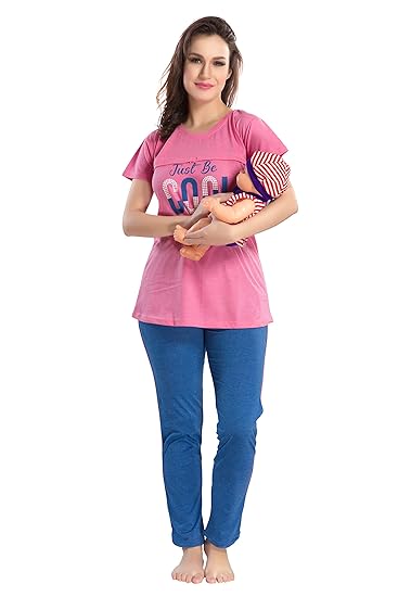 Women Cotton Maternity & Feeding Top & Pyjama Set