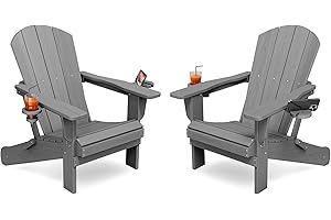 KINGYES Folding Adirondack Chair Set of 2, Dual Cup Holders & All-Weather HDPE, Wood-Like Patio Chair for Backyard, Camping, Pool & Fire Pit, Grey