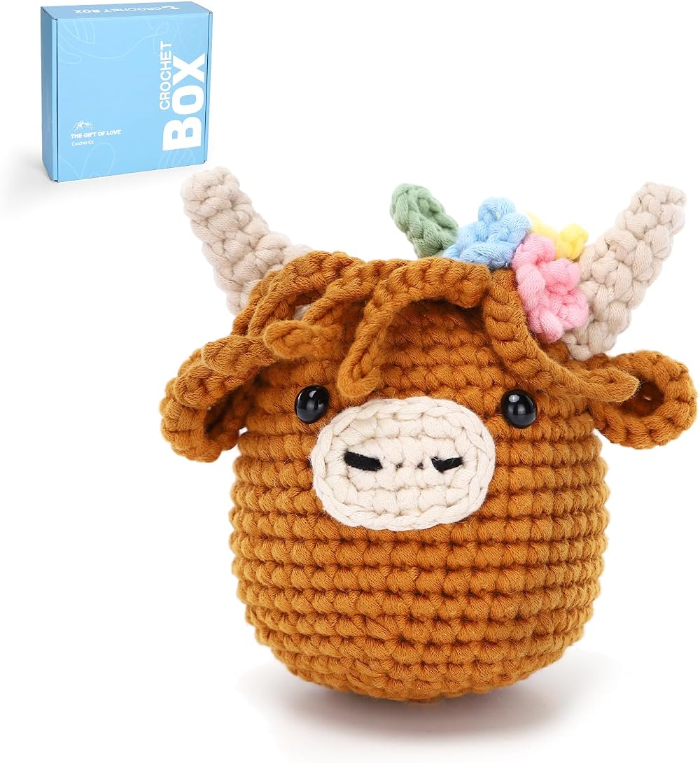 CROCHET BOX Complete Crochet Kit for Beginners Highland Cow Flower Style