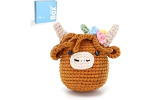 Cudroza Crochet Kit for Beginners Starter - Brown Highland Cow Crochet Kits with Step-by-Step Video Tutorials and Yarns, Hook, Accessories, Birthday DIY Handmade Craft Gift for Adults and Kids