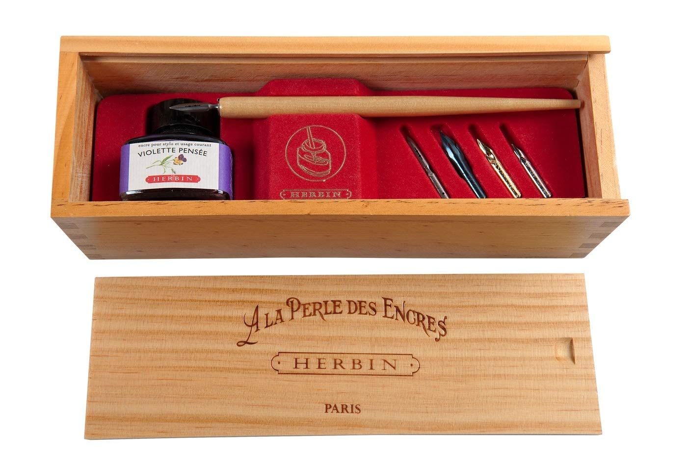 Herbin 27077T - Wooden box "Violette pensée/Violet pansy'' including a wooden nib holder, 5 metal nibs, a 30 ml ink bottle and instructions