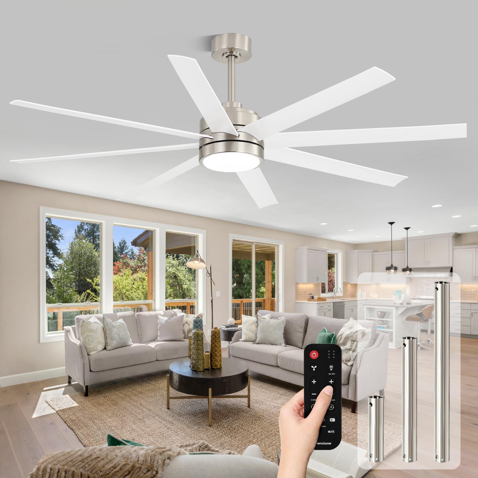 Conciseer 72 Inch Ceiling Fans with Lights and Remote for Bedroom Living Room Kitchen Library Cafe Outdoor/Industrial Use, 3CCT Dimmable, 8 Blades 6 Speed Reversible Quiet DC Motor, Sand-nickel/White Image