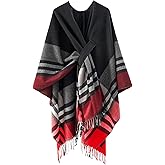 YnimioAOX Women's Poncho Shawl Wrap Soft Knit Cross Front Plaid Cape Cardigan with Tassels for Fall Winter