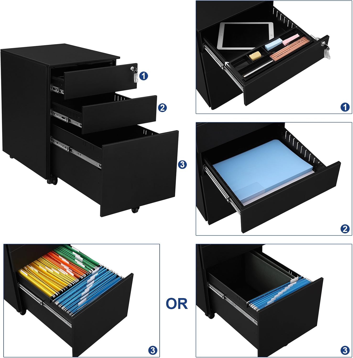 SONGMICS Steel File Cabinet 3 Drawer with Lock Mobile Pedestal Under Desk Fully Assembled Except Casters Black UOFC60BK: Home & Kitchen