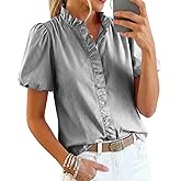 Womens Short Puff Sleeve Button Down Shirts Striped Ruffle Stand Collar Blouse Business Casual Preppy Tops