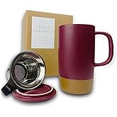 Mora Ceramics Large Tea Mug with Loose Leaf Infuser and Ceramic Lid, 18 oz, Portable, Microwave and Dishwasher Safe, Tall Coffee Cup - Rustic Matte Ceramic Glaze, Modern Herbal Tea Strainer, Merlot