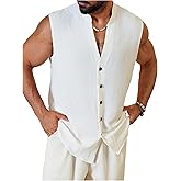 SHENHE Men's Summer Sleeveless Button Up Shirt Beach Tank Band Collar V Neck Textured Shirt