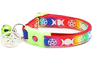 PUGS TO PERSIANS Wicca Cat Collar with Occult Charm & Bell | Witch’s Familiar Cat Collar | Witch Kitten Collar Charms | Glow in The Dark | Safety Breakaway Collar (Small(10lbs & Less), Rainbow)