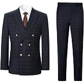 Men's 3 Piece Suits Slim Fit Plaid Double Breasted Blazer Vest Pants Set Wedding Party Tuxedo