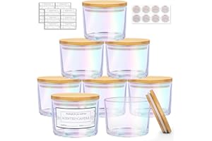 CONNOO 8 Pack 12 oz Iridescent Glass Wide Mouth Candle Jars for Making Candles with Airtight Bamboo Lids, Nice Sticky Warning Labels for Candle Making, Empty Container Bulk - Dishwasher Safe