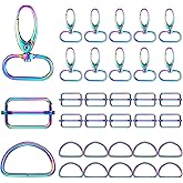 Tudomro 30 Pcs Rainbow Purse Hardware, Swivel Hook Claw Clasp, D Rings, Tri Glide Slide Buckle for Dog Collar DIY