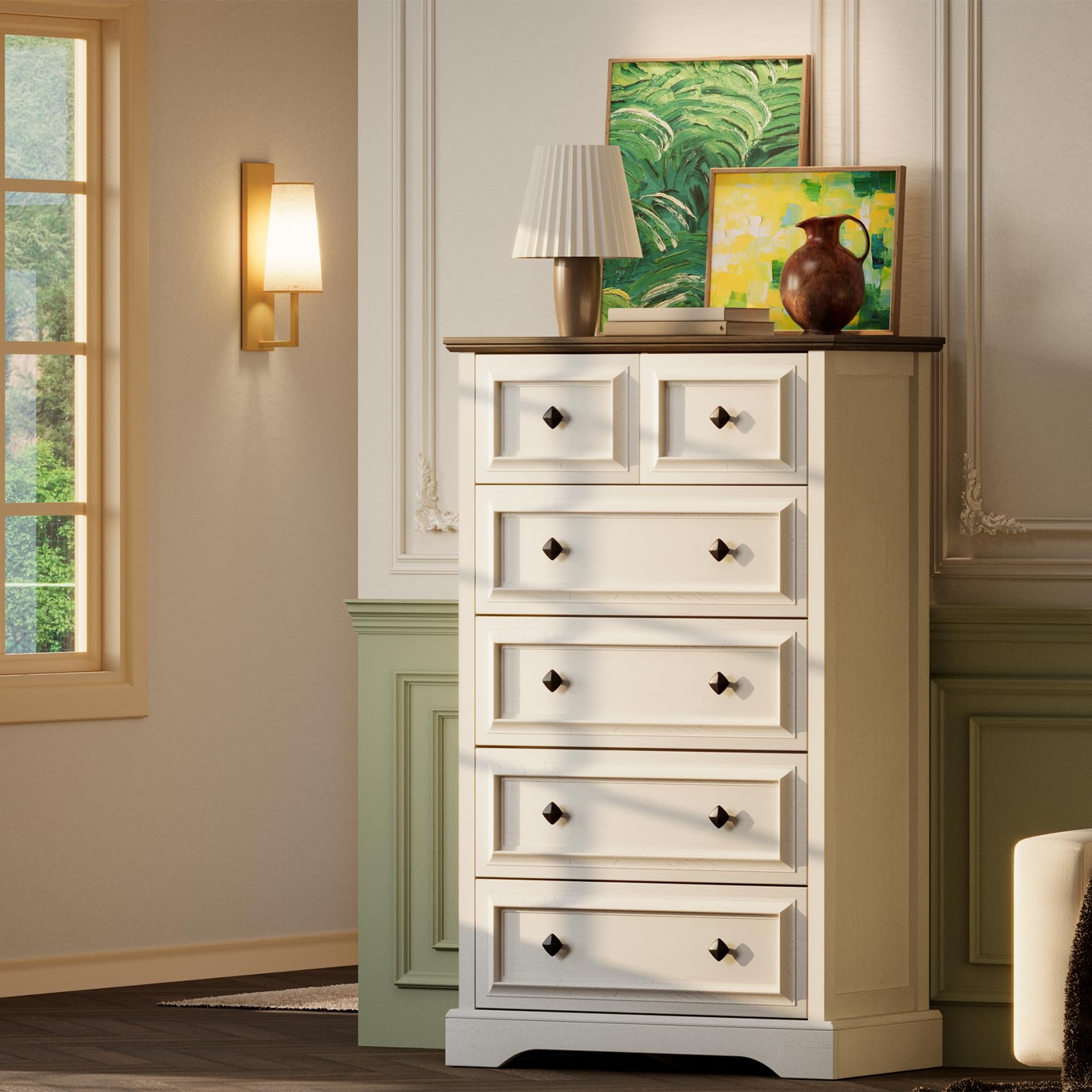 View 1 of ***MINOR DAMAGE*** VVFLU Farmhouse 6 Drawer Dresser, 48" Tall Dresser Chest of Drawers with Natural Texture & Metal Handles, Vintage Storage Dressers Organizer for Bedroom, Living Room, Hallway (Antique White & Walnut)