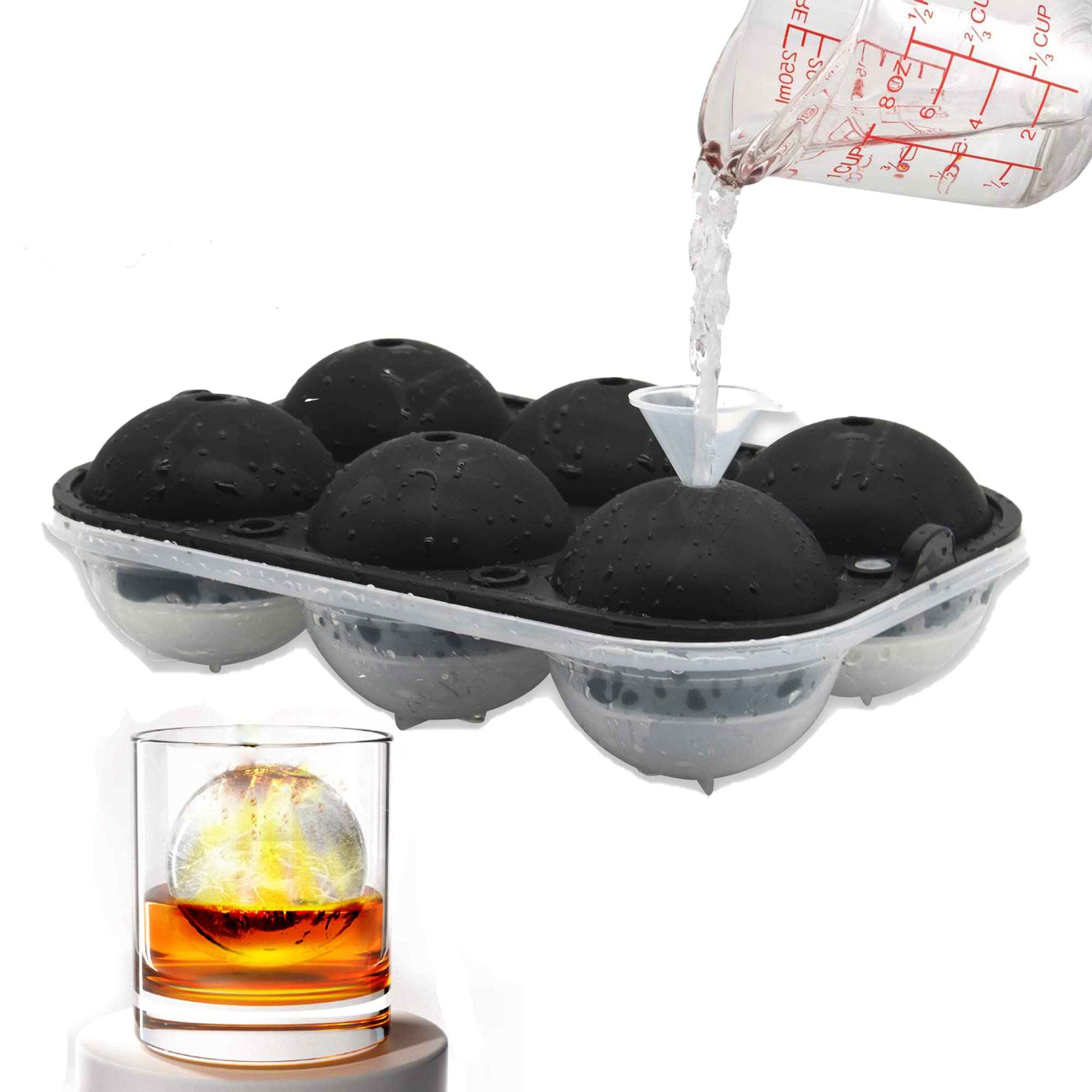 Silicone Ice Ball Maker Moulds XL, 6cm(2.3inch) Sphere Ice Cube Mold with Lid - Great for Jelly Milk Juice Chocolate Moulds or Cocktails Whiskey & Plastic Funnel (6) Black Large Ice Ball Mould