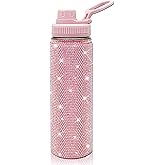 22oz Stainless Steel Bling Crystal Water Bottle Rhinestone Vacuum Insulated Bottle with Spout Lid Reusable Double-Wall Glitter Sport Bottle Gift for Women Girl (Light Pink)
