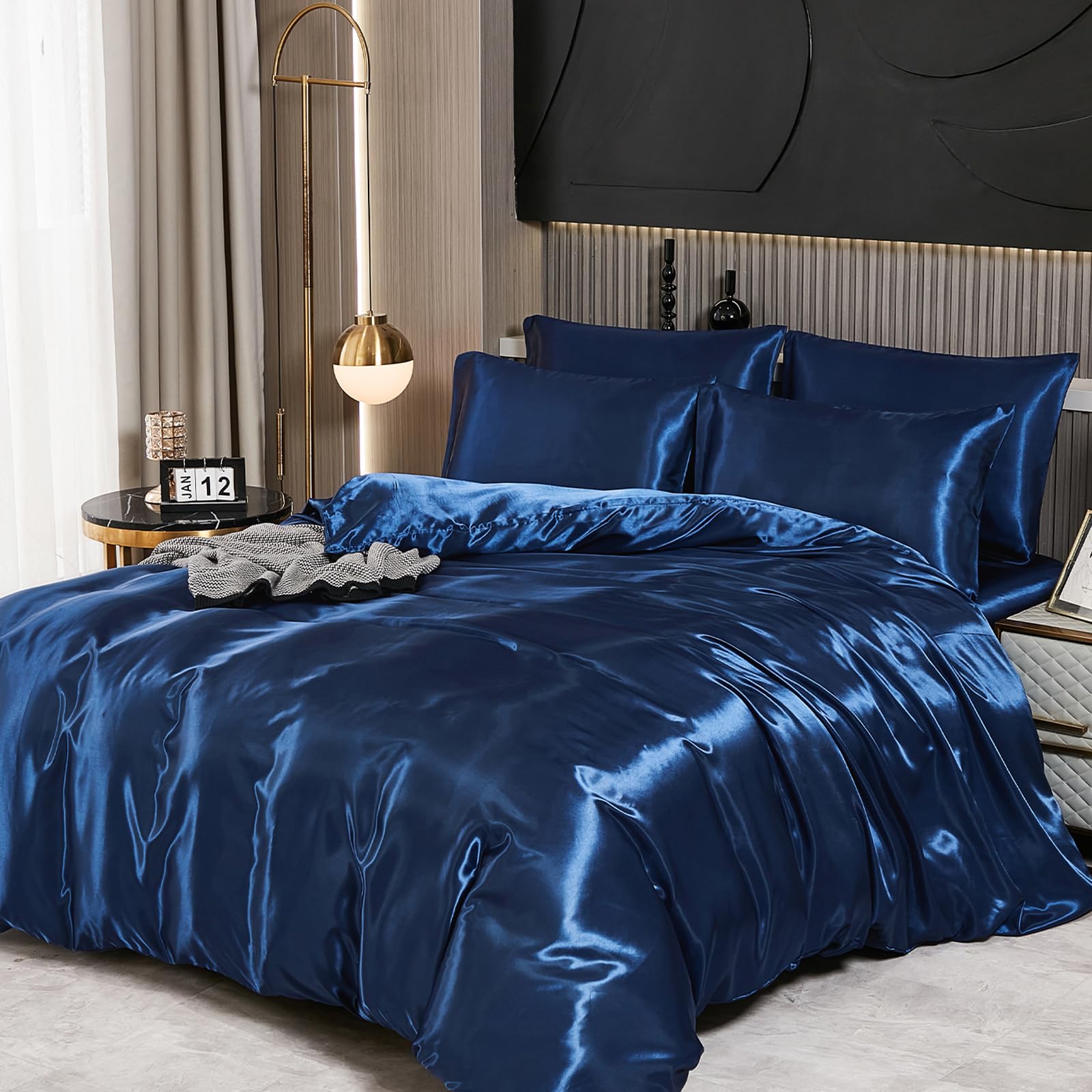 Guchuang Bedding Silk Satin Complete Bedding Set 6 Pieces Navy Blue Double Size Duvet Cover Luxury Shiny Ultra Soft Microfiber Quilt Cover 200x200cm with 1 Fitted Sheet, 4 Pillowcases — image 1