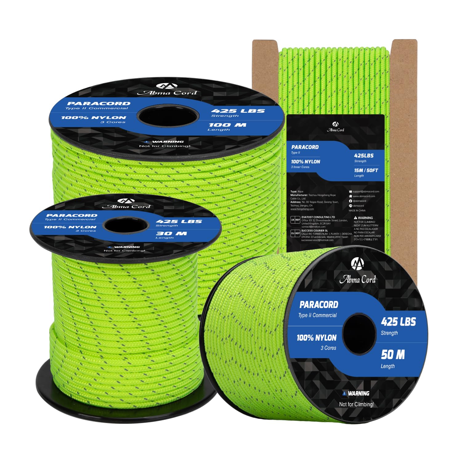 Abma Cord Paracord 3mm 50m 100% Nylon Rope Type II 3 Strands Parachute Cord - Max. 192kg (425lbs) - Reflective Neon Green