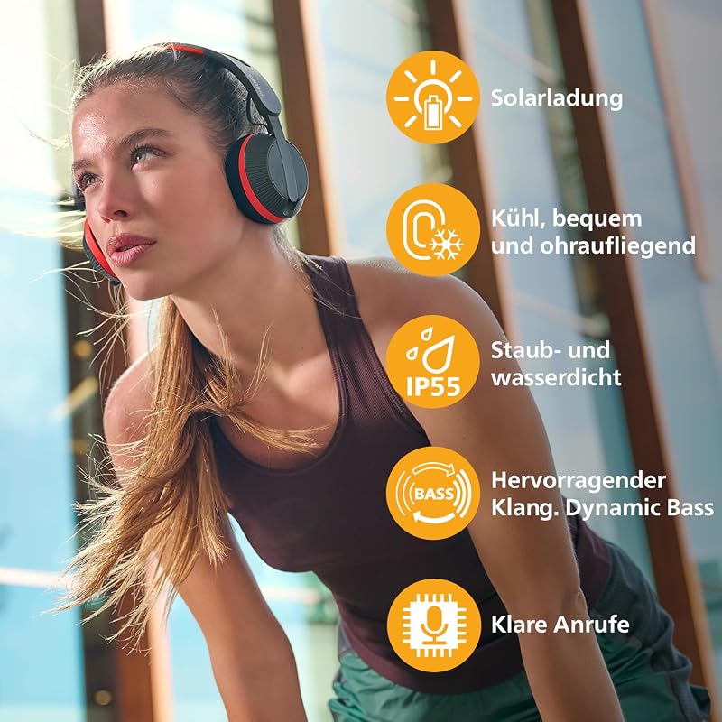 TAA6219BK Solar Powered Self Charging On Ear Bluetooth Headphones - 80 Hour Battery Reserve Ideal for Working Out, Running and Other Sports - Black and Red