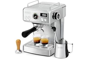HIBREW H10A - 58mm Espresso Machine, Stainless Steel Body with Milk Frother, Customizable Settings, Smart Display + 20 Bar Pressure Gauge.