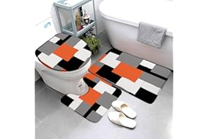XPUAFO Orange Black Gray White Bath Mat 3 Piece Set Bathroom Rug Abstract Geometric Geometry Squares Modern Fashion Toilet Lid Cover Pedestal Rug U-Shaped Carpet