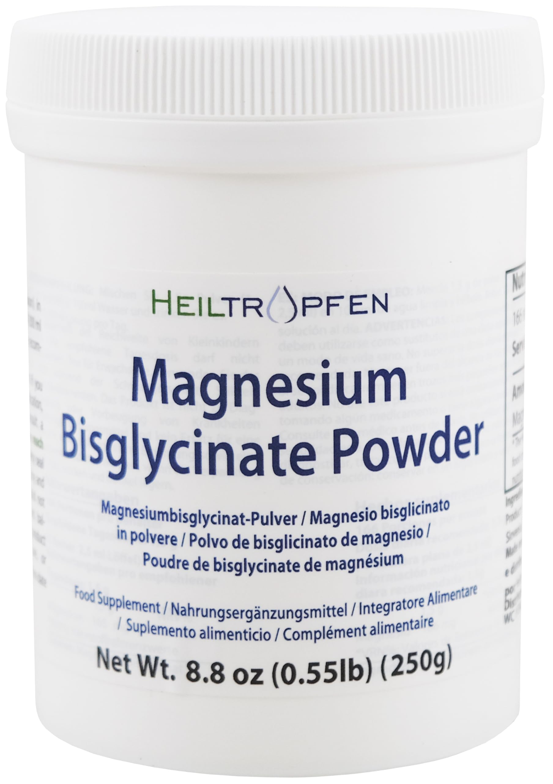 Magnesium glycinate as Magnesium bisglycinate | 0.55 lb – 250 g | Crystal Powder Soluble in Water | Third-Party Tested | Heiltropfen®