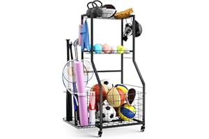 DUDUXI Sports Equipment Garage Organizer,Garage Ball Storage Rack for Sports with Wheels-Upgraded 3 Layers Sports Organizer Rack Outdoor Basketball Racks for Balls with Holder and Hooks