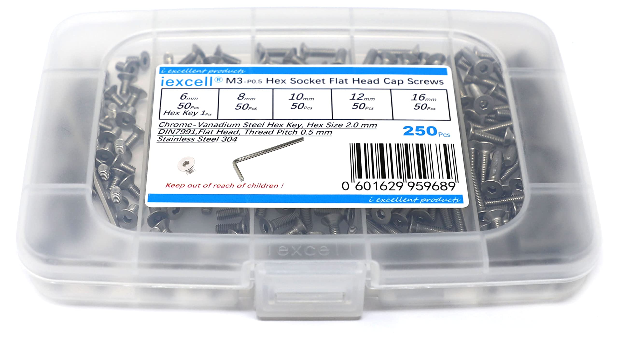 iExcell 250 Pcs Metric M3 x 6/8/10/12/16 Stainless Steel 304 Hex Socket Flat Head Cap Screws Bolts Assortment Kit