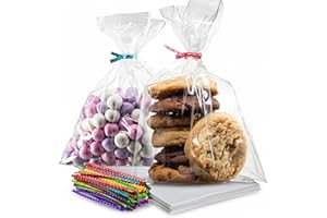 Prestee 200 Pack Clear Cellophane Bags for Favors - Transparent Goodie Bags for Birthday Party, 6x10 Inch Clear Bags with 4-Inch Twist Ties - Candy, Treat, Cookie Bags for Gift Giving