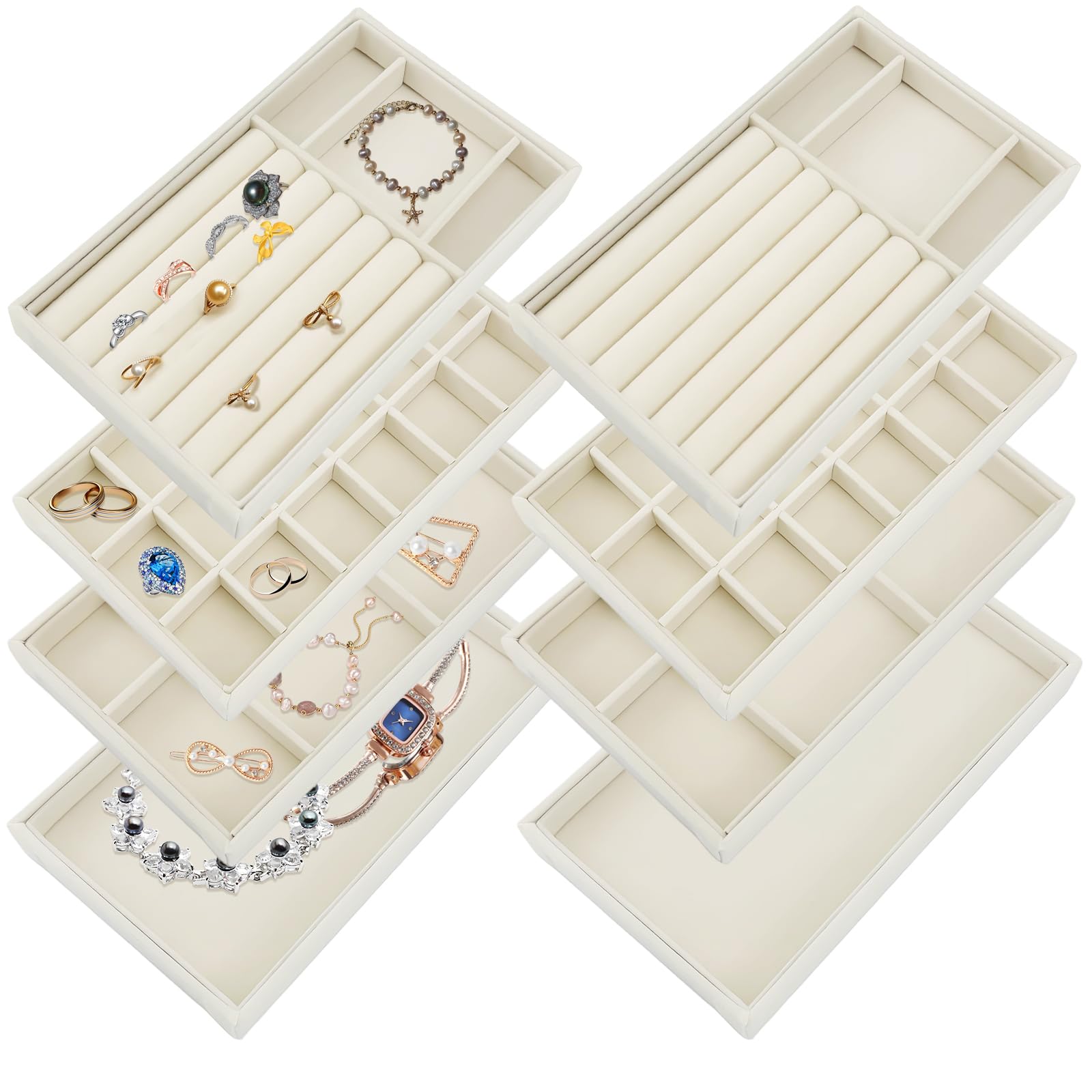 Photo 1 of Seuqhck 8 Pack Jewelry Organizer for Drawer, Necklace Velvet Storage Display Tray, Stackable Insert Divided Holder for Bracelet Rings Earring Brooch Watch, Beige 4 Styles