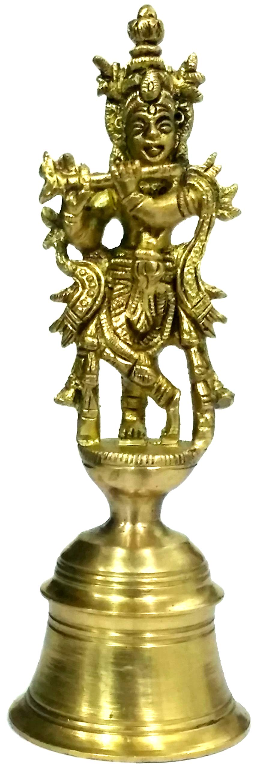 Purpledip Unique Brass bell with Lord Krishna for Hindu pooja, Indian gift ideas (10223)