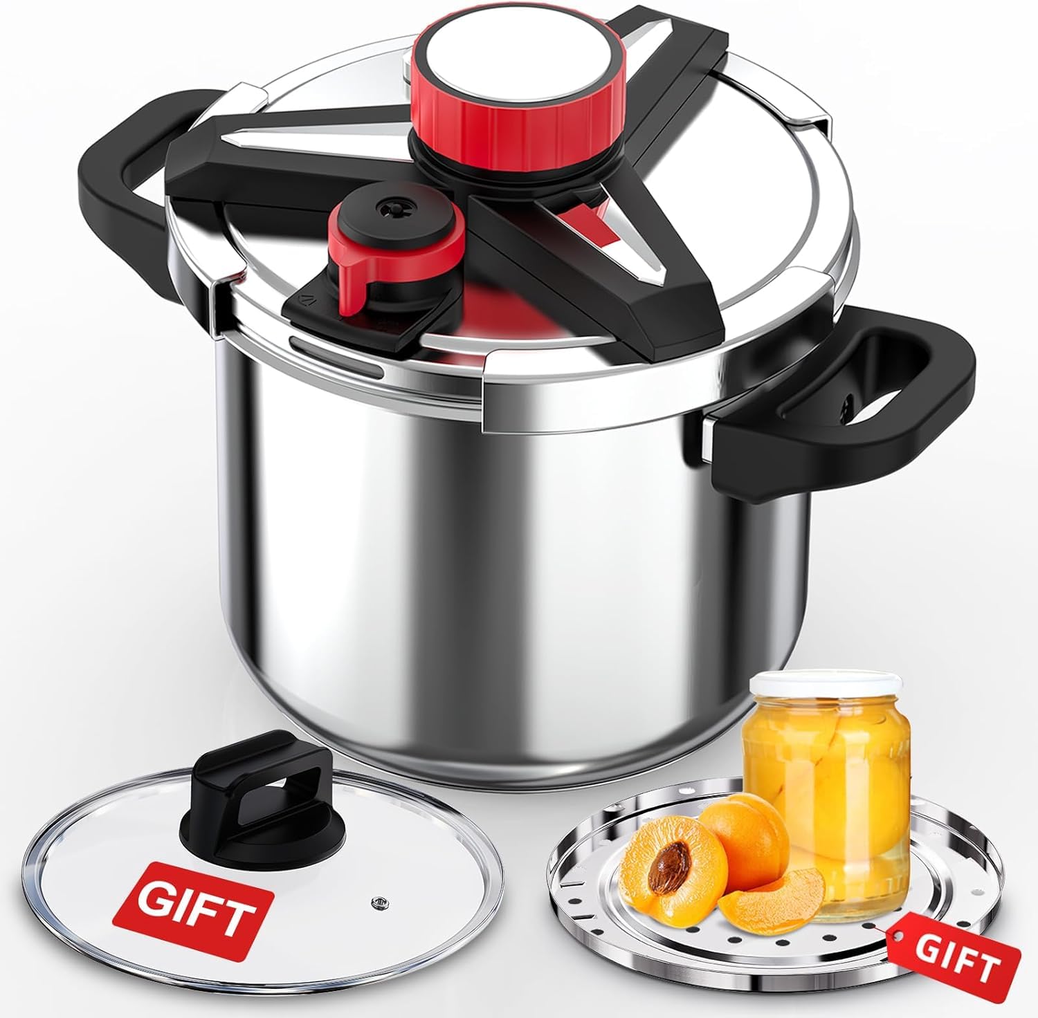 Photo 1 of 18/8 Stainless Steel Pressure Cooker 8.3 Qt, [One-Hand Locking] Pressure Cooker,[3-In-1] Olla de Presion, Induction,Gas Stovetop Compatible, Includes Glass Lid & Steamer Rack