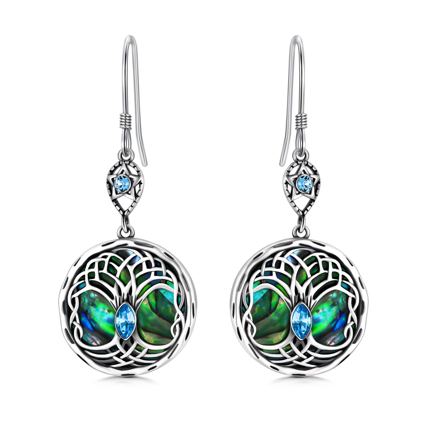 Celtic Tree of Life Earrings Sterling Silver Family Tree Dangle Drop Earrings with Birthstone Crystals, Birthday Jewellery Gifts for Women Her (Simulated Aquamarine)