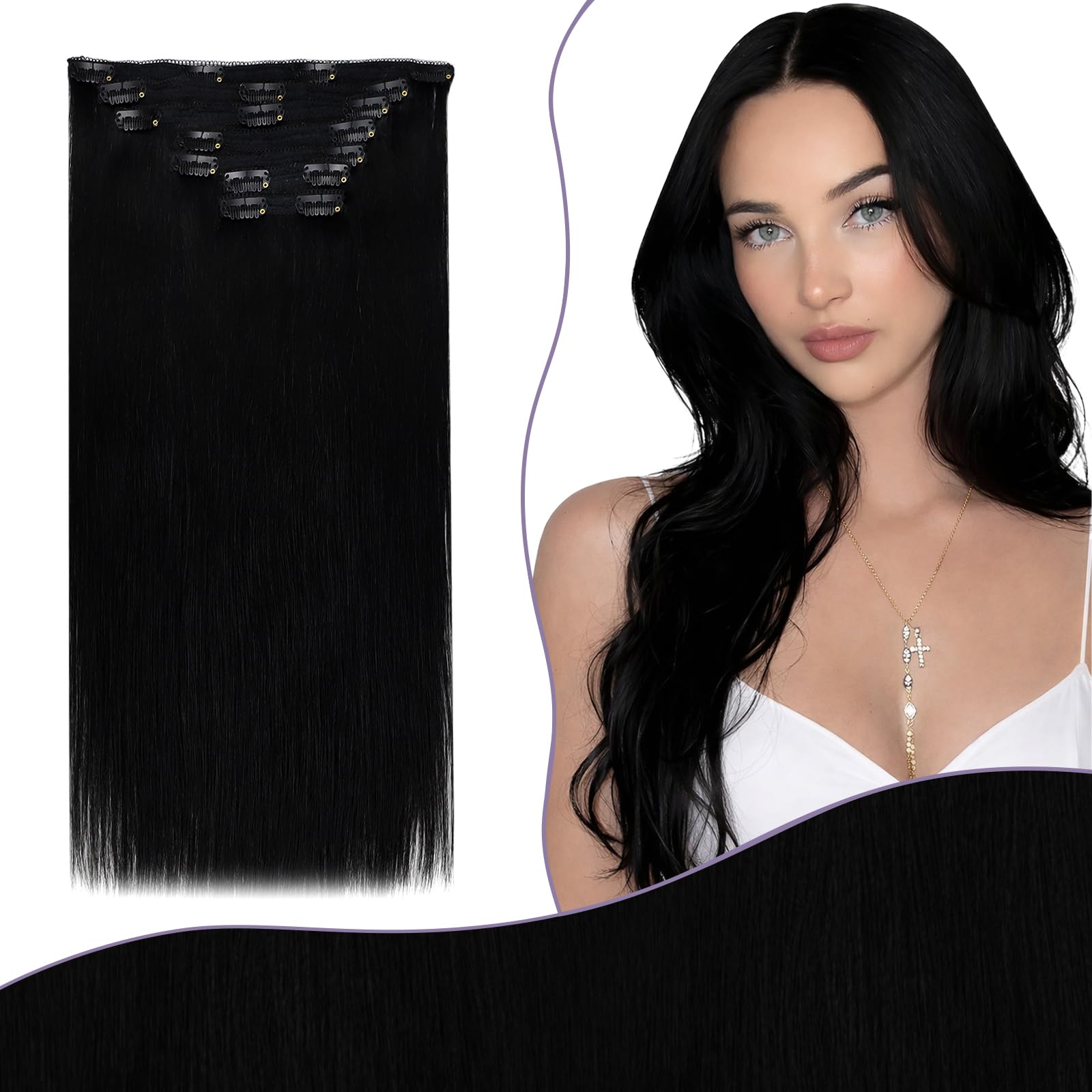 Fshine Black Real Hair Extensions Clip in Human Hair 22In Black Real Hair Clip in Hair Extensions Black Clip in Extensions Clip in Remy Hair Extensions Long Thick Hair 7pcs 120g โ image 1