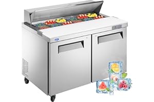 KALIFON 48" W 2 Door Refrigerator Sandwich Salad Prep Table Commercial Stainless Steel Fan Cooling Refrigerator with Cutting Board, 2 Shelves & 12 Pans for Restaurant, Bar, Shop-12.9 Cu.ft