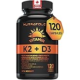 Nutratology Vitamin K2 + D3 | Canadian-Made Highest Potency 120MCG/1000 IU - 120 Capsules - Helps Maintain Bone & Teeth Healt