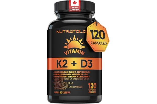 Nutratology® Vitamin K2 + D3 | Canadian-Made Highest Potency 120MCG/1000 IU - 120 Capsules - Helps Maintain Bone & Teeth Heal