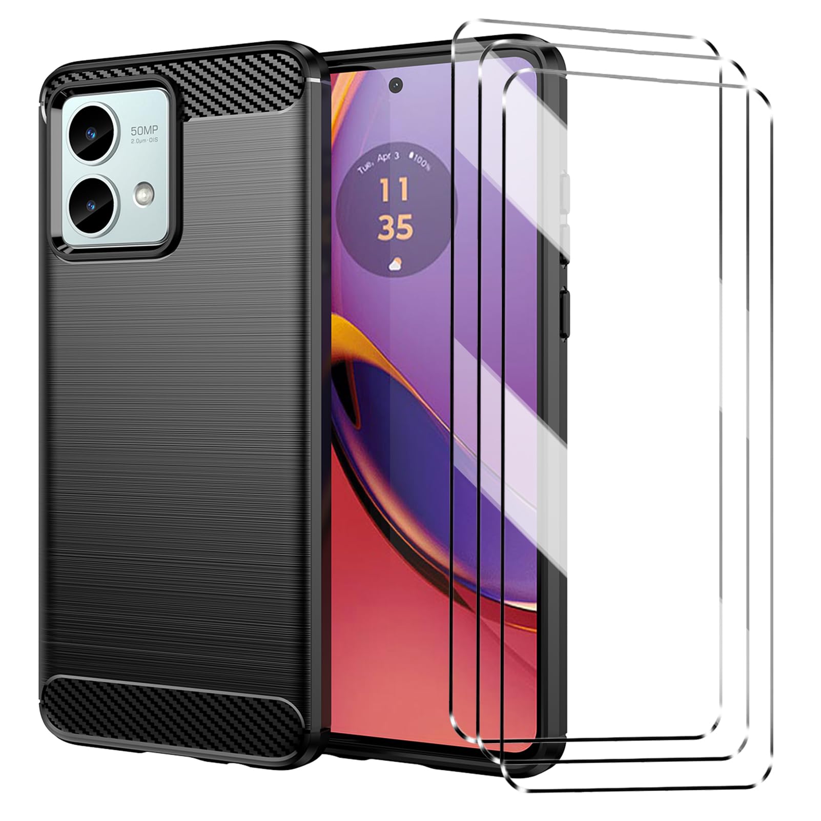 [4 in 1] Case Compatible with Motorola Moto G84 Cover with 3 Pack Tempered Glass Screen Protector for Motorola Moto G84, Slim Fit Soft TPU Shockproof Anti-Scratch Phone Case Cover - Black