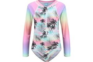LOLLISY Girls One Piece Swimsuits Long Sleeve Rash Guard for Kids Girls Hawaiian Swim Shirts UPF 50+ Sun Protection