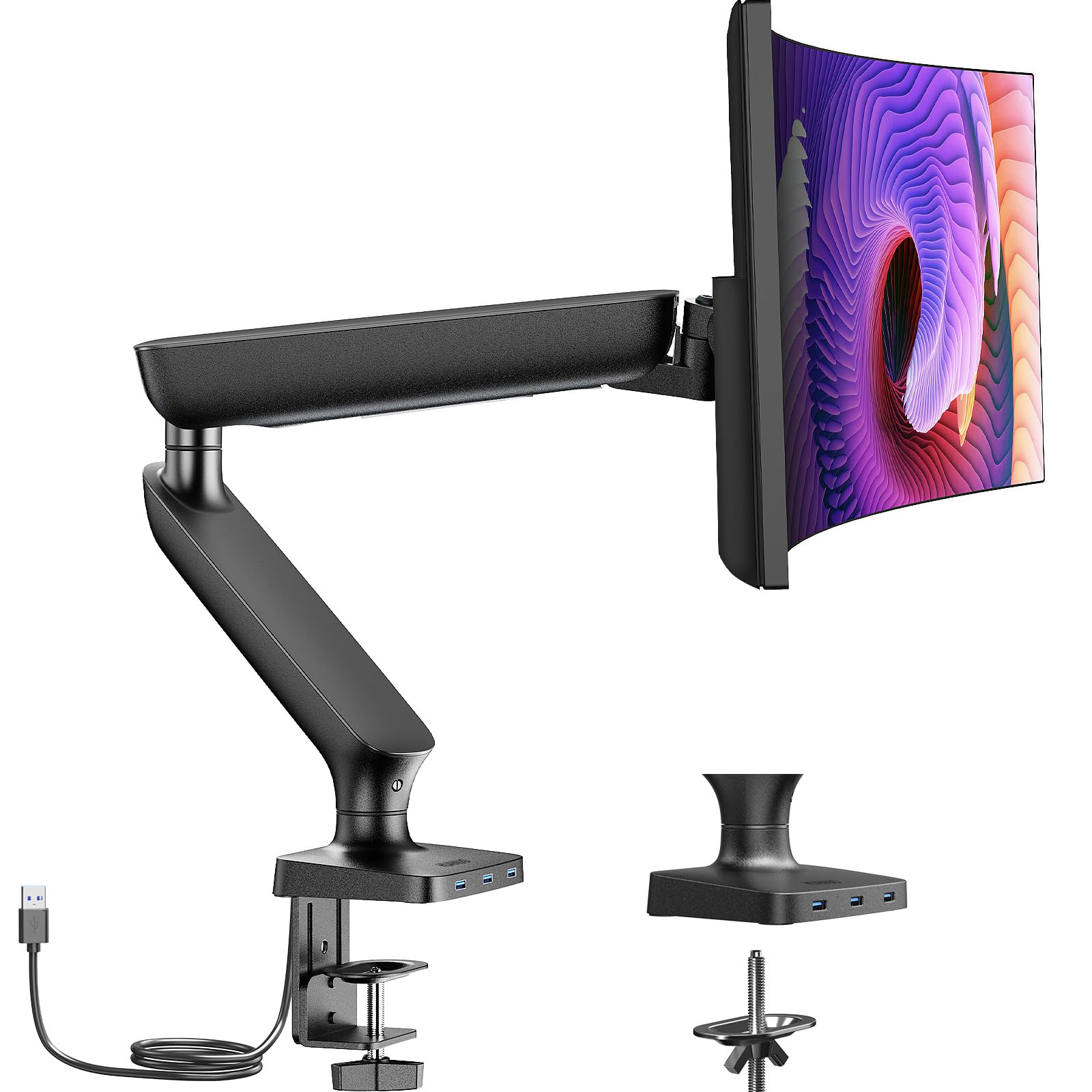 Photo 1 of Single Monitor Mount for 13-40 Inch Screens up to 24 lbs, Ergonomic Adjustable Monitor Arm with Built-in USB 3.0 Hub, Space-Saving VESA Desk Mount for Home Office & Gaming, C-Clamp & Grommet Base