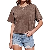 Wrenpies Cotton Loose Crop Tops for Women Acid Wash Cropped T Shirts Trendy Vintage Basic Tees Casual Short Sleeve Tshirt