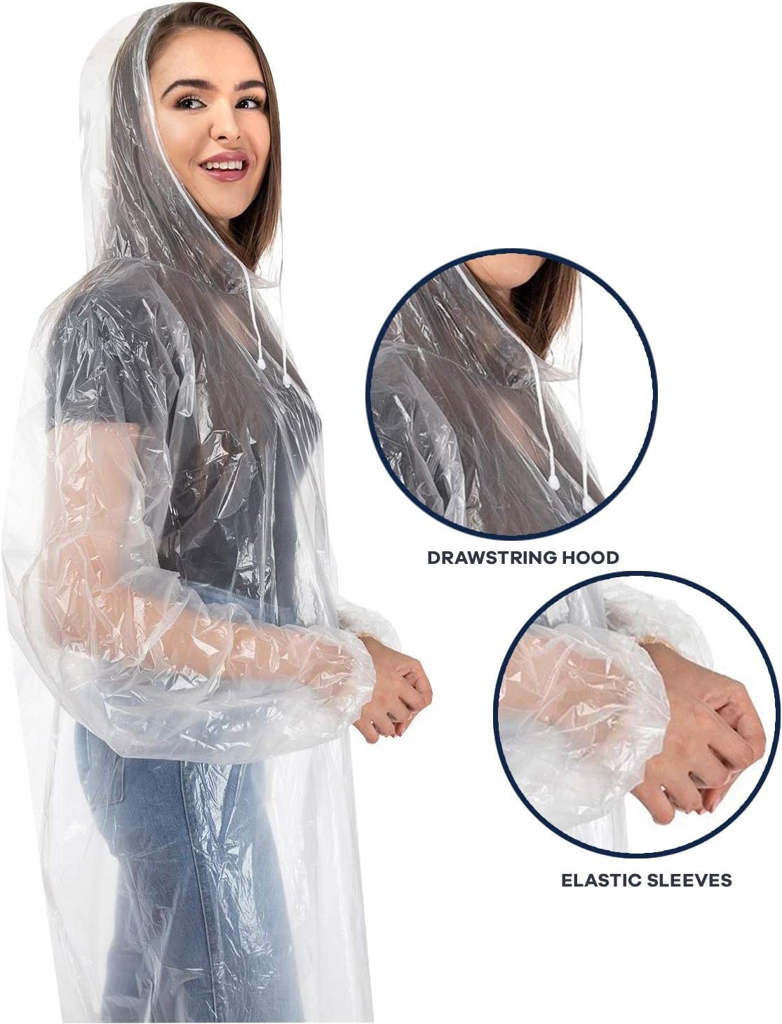 Clinch Star 8 Pack Rain Poncho with Drawstring Hood and Elastic Sleeves for Adults 100% Waterproof